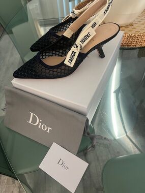 Dior Black Mesh Pointed Slingback Heels with Cream J'ADIOR Strap